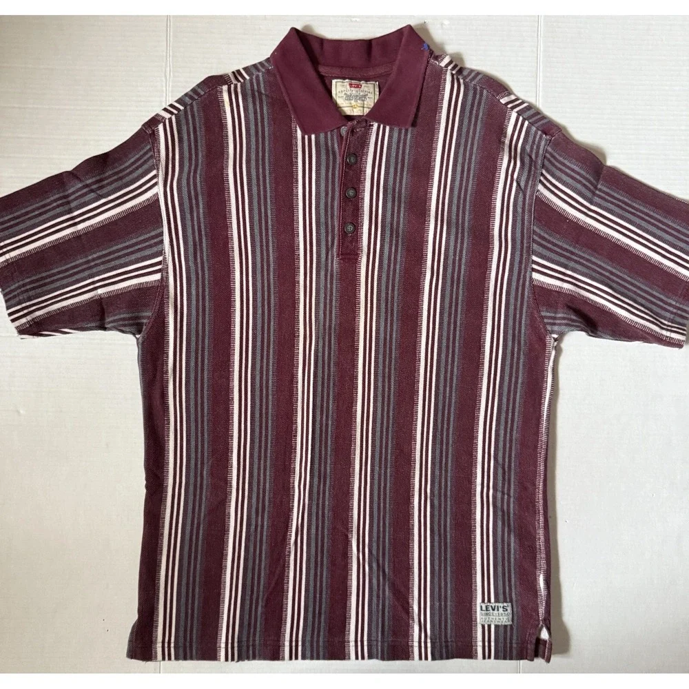 LEVI'S - Men's VINTAGE Maroon Stripe Polo Shirt‎ - Size Large